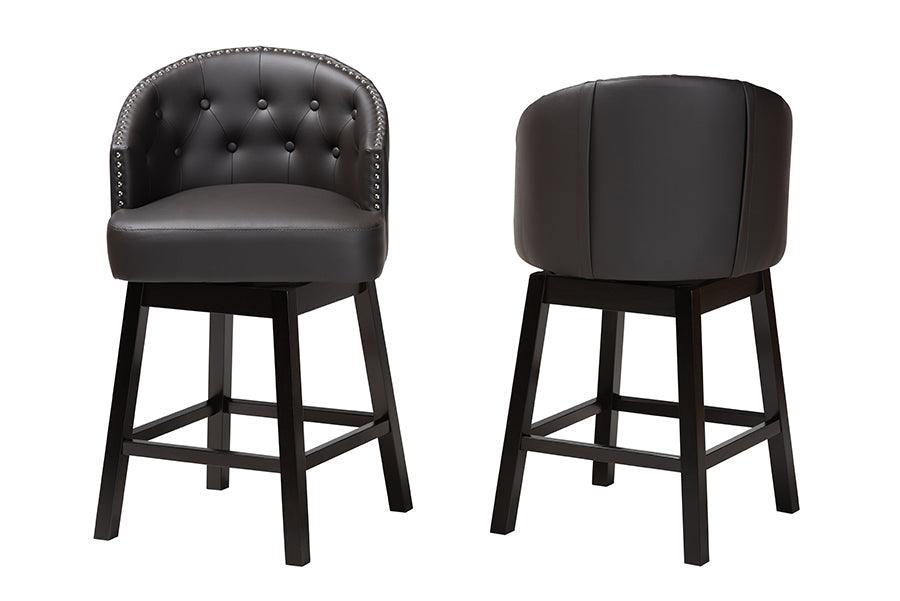 Theron Mid-Century Transitional Dark Brown Faux Leather and Espresso Brown Finished Wood 2-Piece Swivel Counter Stool Set FredCo
