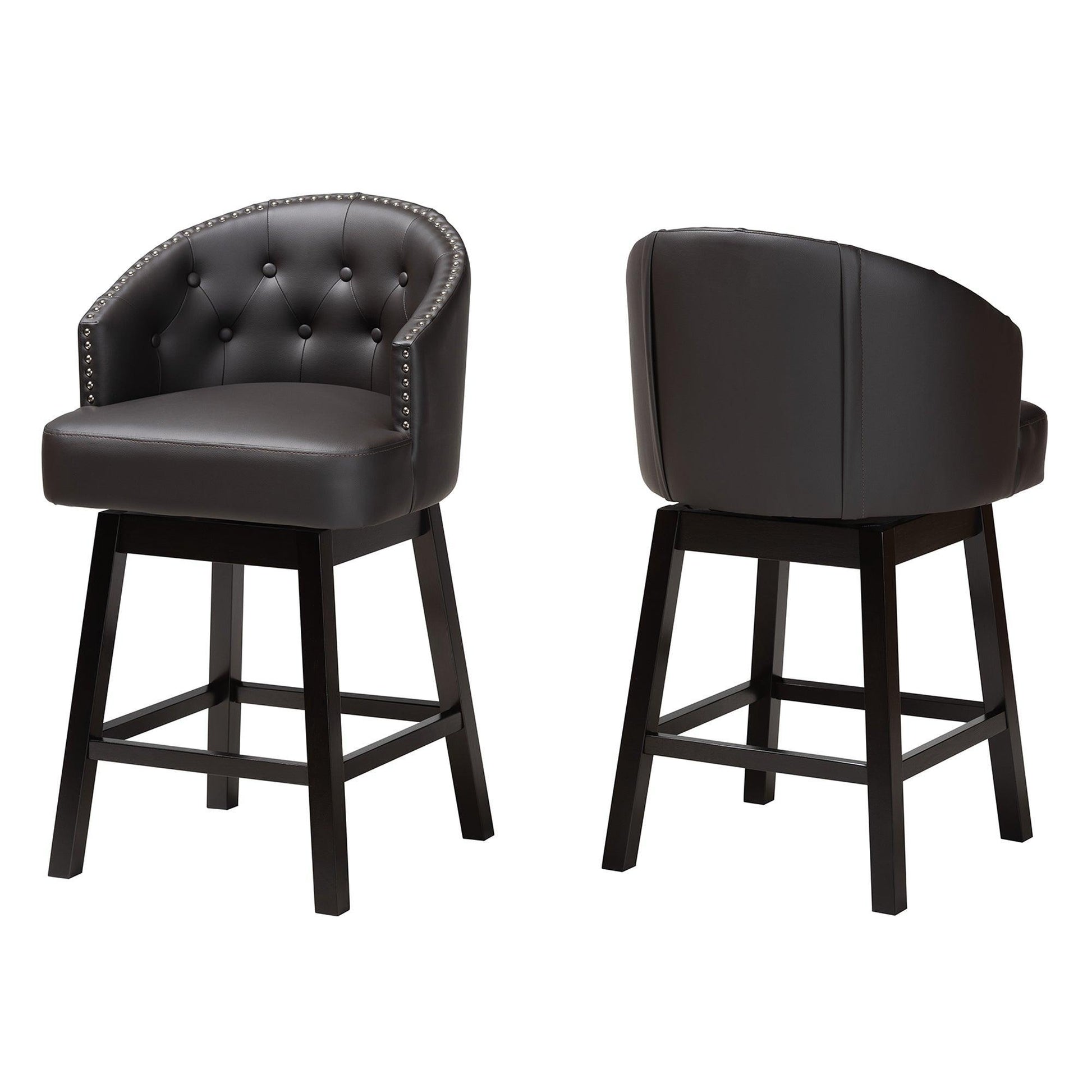 Theron Mid-Century Transitional Dark Brown Faux Leather and Espresso Brown Finished Wood 2-Piece Swivel Counter Stool Set FredCo