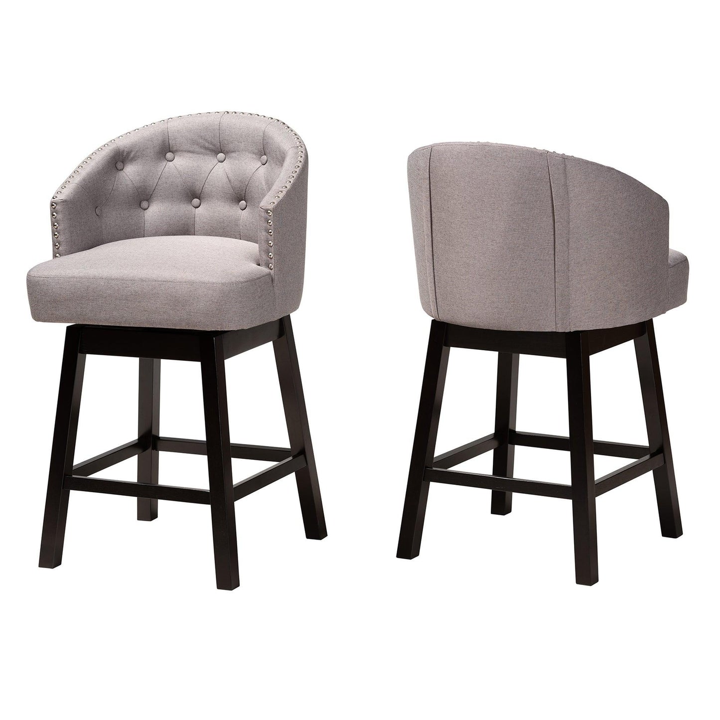 Theron Mid-Century Transitional Grey Fabric and Espresso Brown Finished Wood 2-Piece Swivel Counter Stool Set FredCo