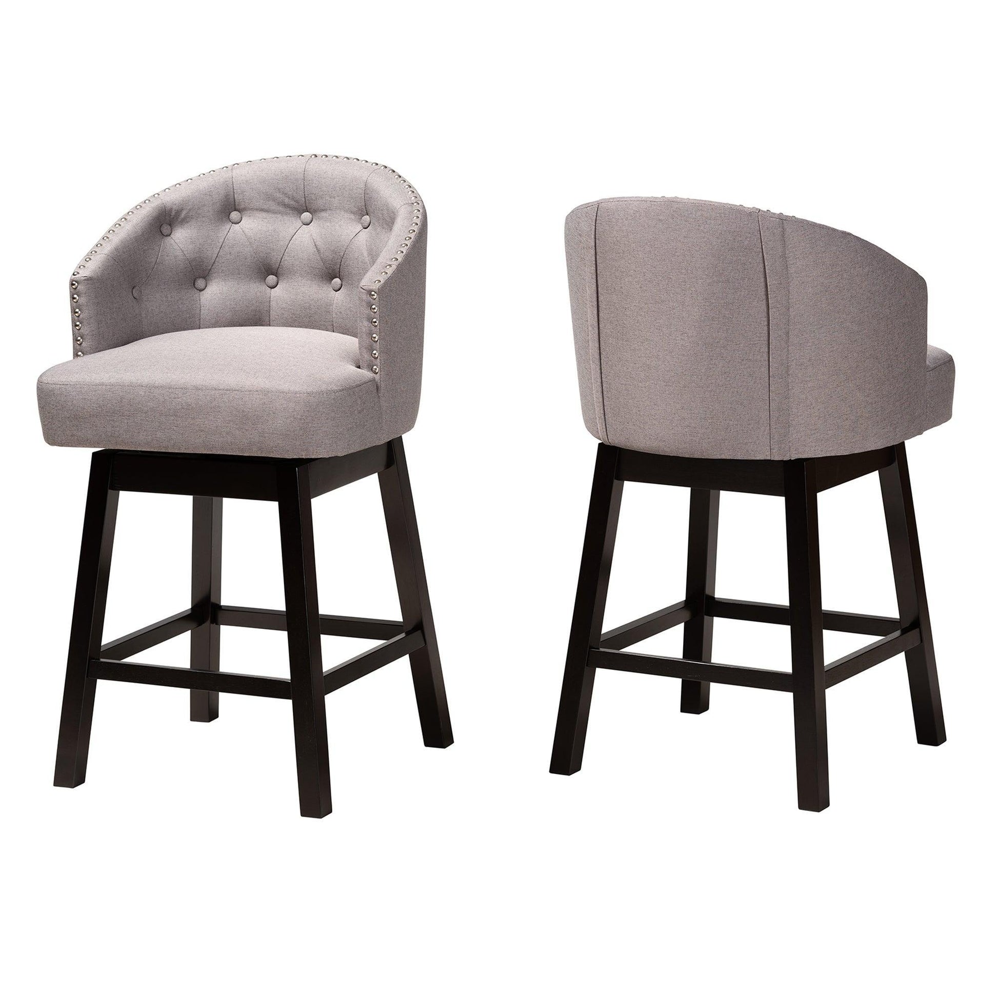Theron Mid-Century Transitional Grey Fabric and Espresso Brown Finished Wood 2-Piece Swivel Counter Stool Set FredCo