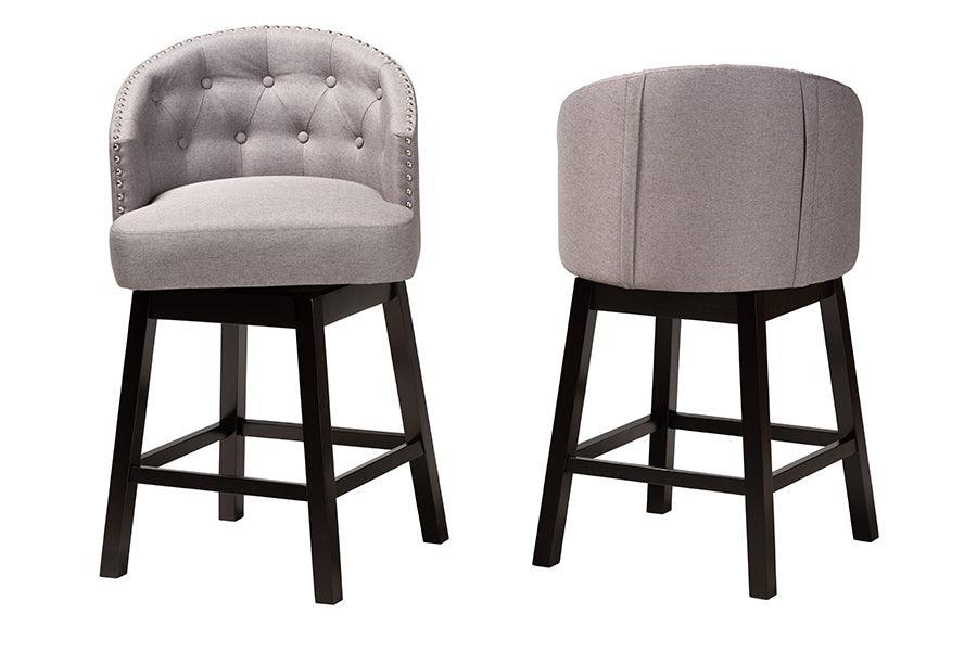 Theron Mid-Century Transitional Grey Fabric and Espresso Brown Finished Wood 2-Piece Swivel Counter Stool Set FredCo