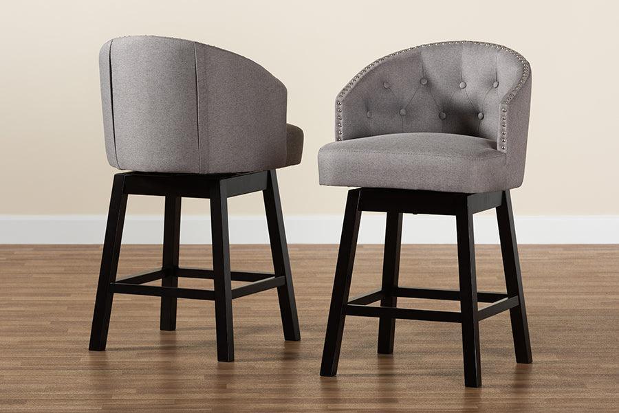 Theron Mid-Century Transitional Grey Fabric and Espresso Brown Finished Wood 2-Piece Swivel Counter Stool Set FredCo