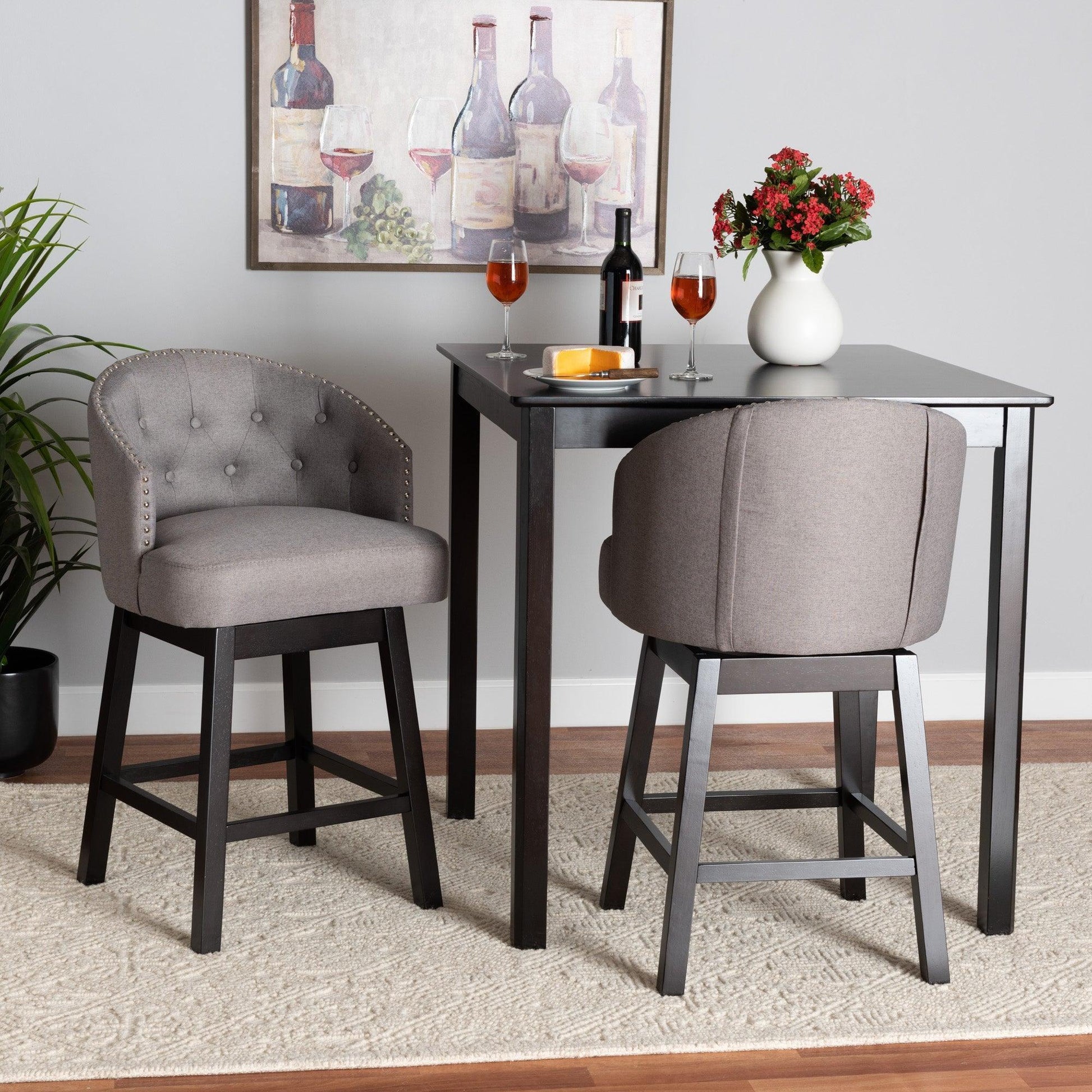 Theron Mid-Century Transitional Grey Fabric and Espresso Brown Finished Wood 2-Piece Swivel Counter Stool Set FredCo