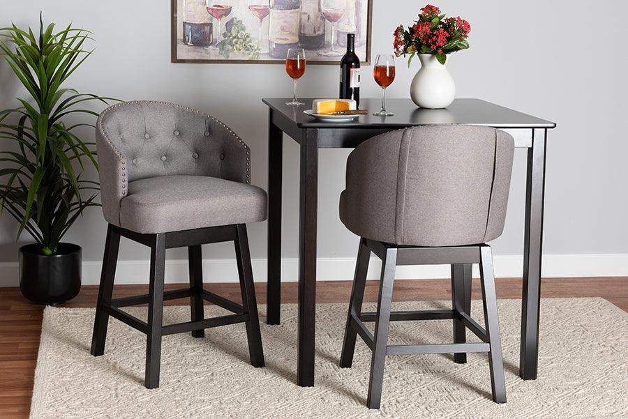 Theron Mid-Century Transitional Grey Fabric and Espresso Brown Finished Wood 2-Piece Swivel Counter Stool Set FredCo