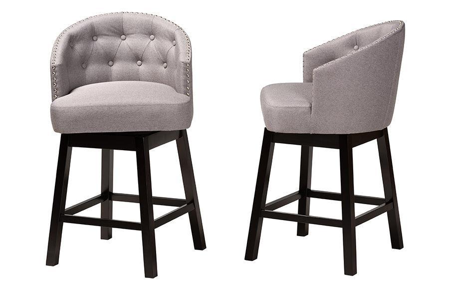 Theron Mid-Century Transitional Grey Fabric and Espresso Brown Finished Wood 2-Piece Swivel Counter Stool Set FredCo