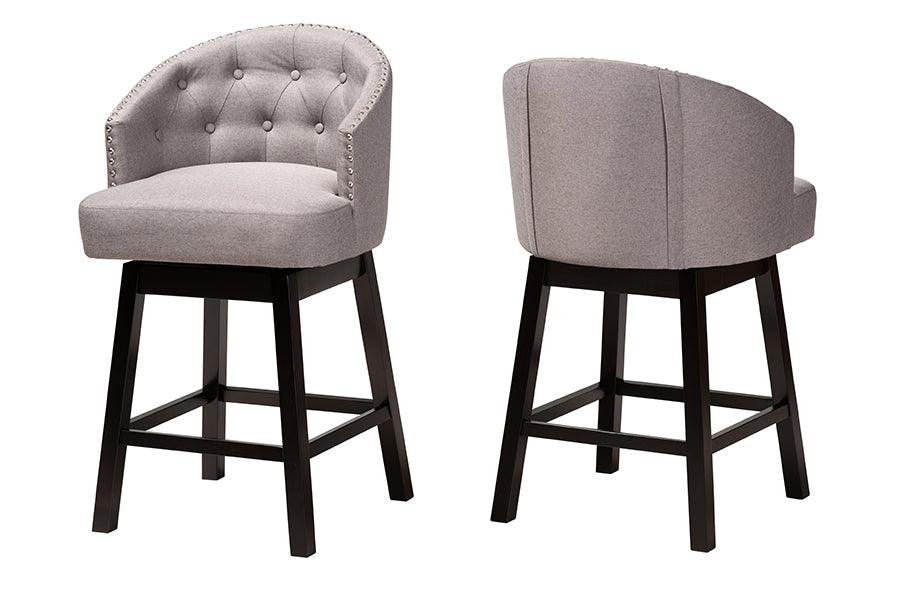 Theron Mid-Century Transitional Grey Fabric and Espresso Brown Finished Wood 2-Piece Swivel Counter Stool Set FredCo