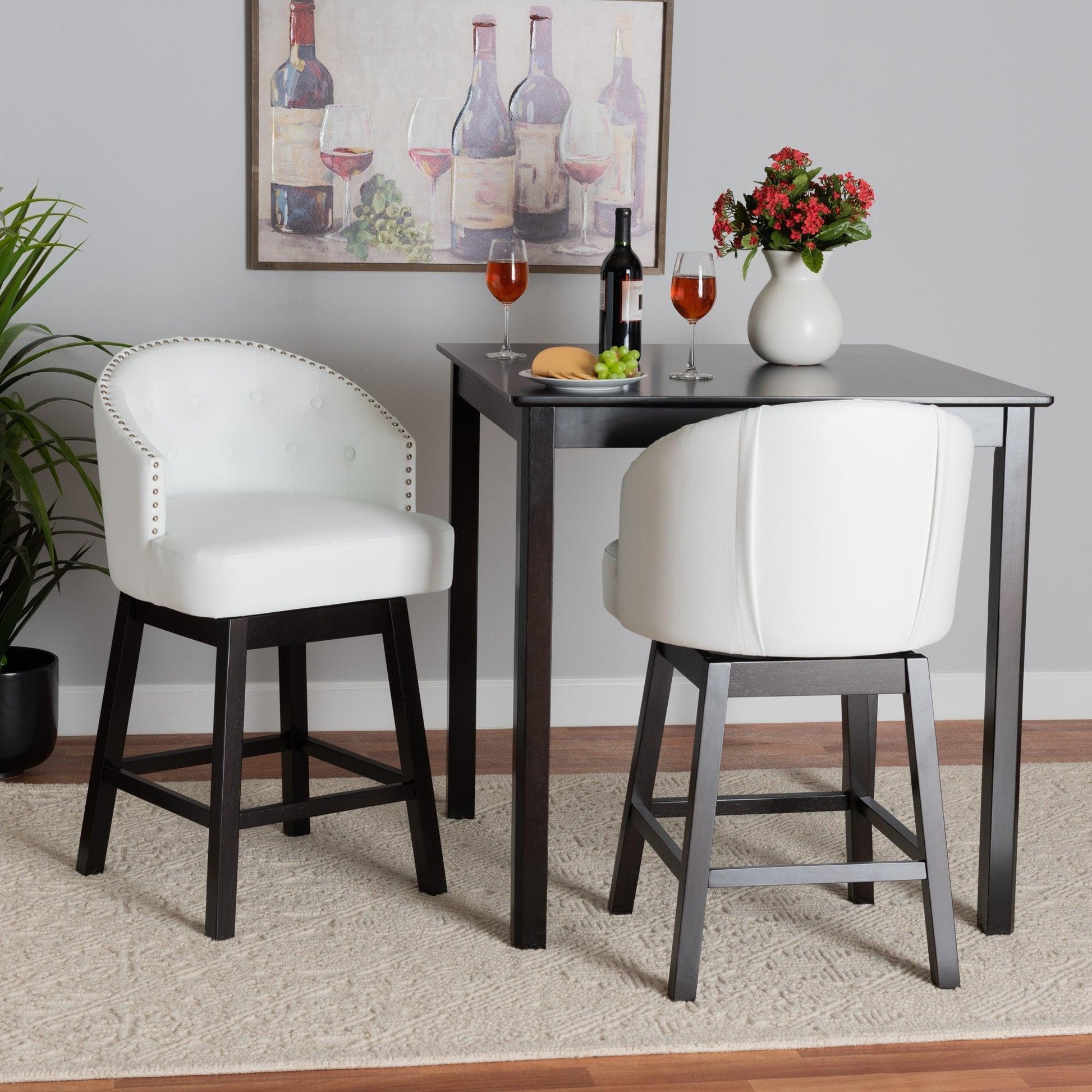 Theron Mid-Century Transitional White Faux Leather and Espresso Brown Finished Wood 2-Piece Swivel Counter Stool Set FredCo
