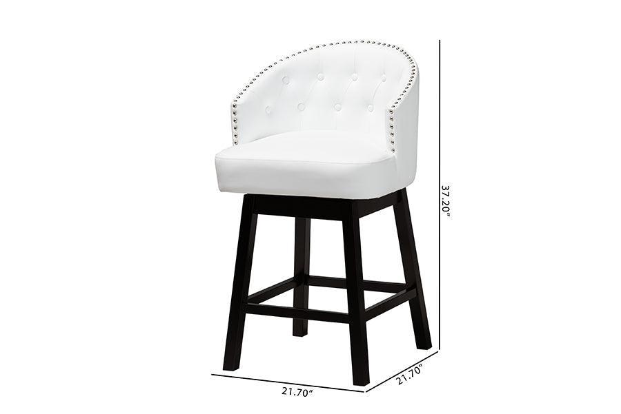 Theron Mid-Century Transitional White Faux Leather and Espresso Brown Finished Wood 2-Piece Swivel Counter Stool Set FredCo