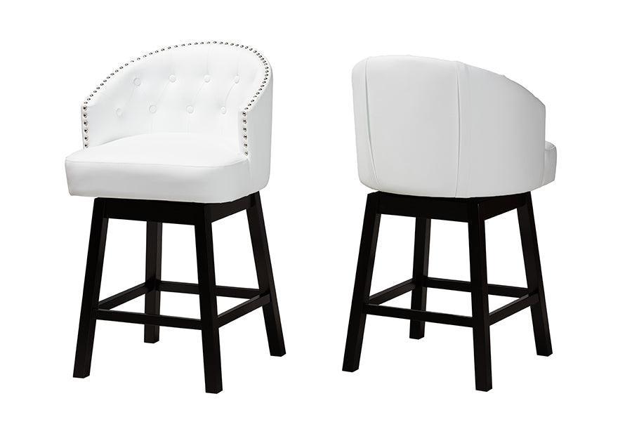 Theron Mid-Century Transitional White Faux Leather and Espresso Brown Finished Wood 2-Piece Swivel Counter Stool Set FredCo