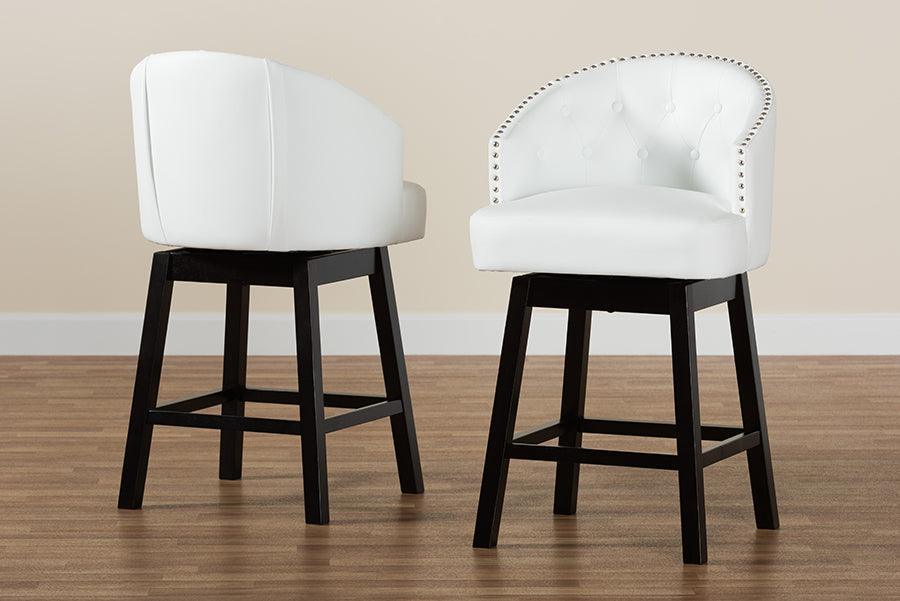 Theron Mid-Century Transitional White Faux Leather and Espresso Brown Finished Wood 2-Piece Swivel Counter Stool Set FredCo