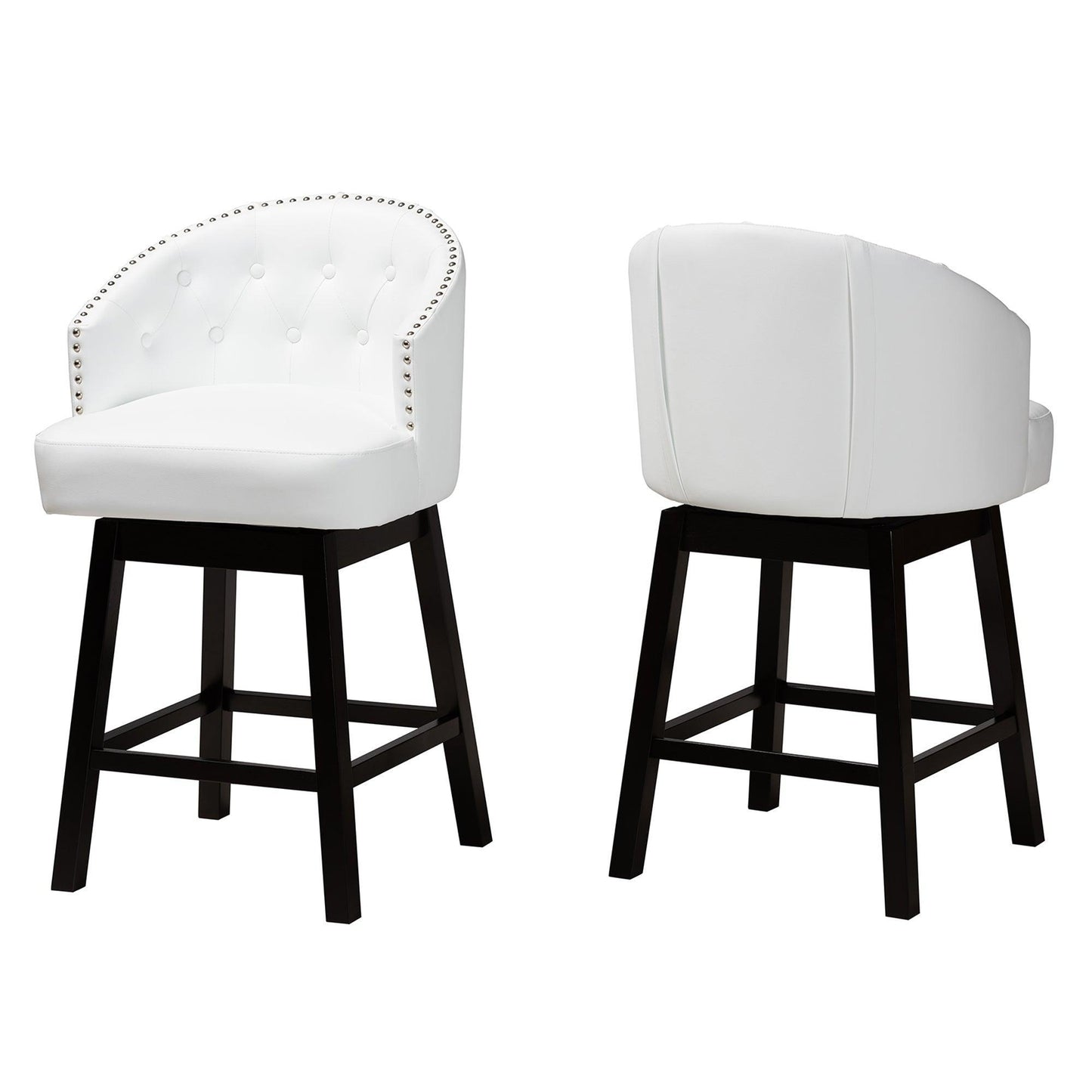 Theron Mid-Century Transitional White Faux Leather and Espresso Brown Finished Wood 2-Piece Swivel Counter Stool Set FredCo