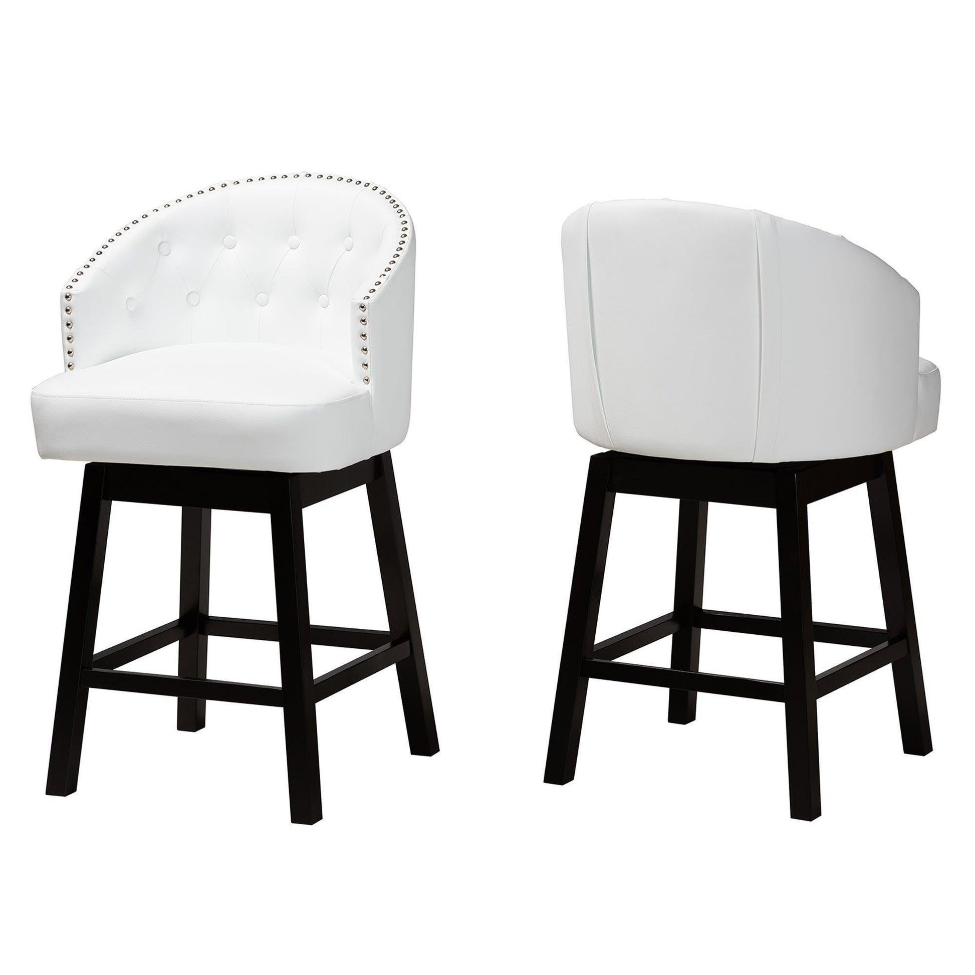 Theron Mid-Century Transitional White Faux Leather and Espresso Brown Finished Wood 2-Piece Swivel Counter Stool Set FredCo