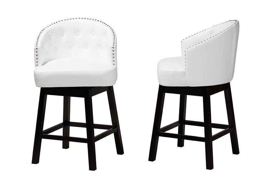 Theron Mid-Century Transitional White Faux Leather and Espresso Brown Finished Wood 2-Piece Swivel Counter Stool Set FredCo