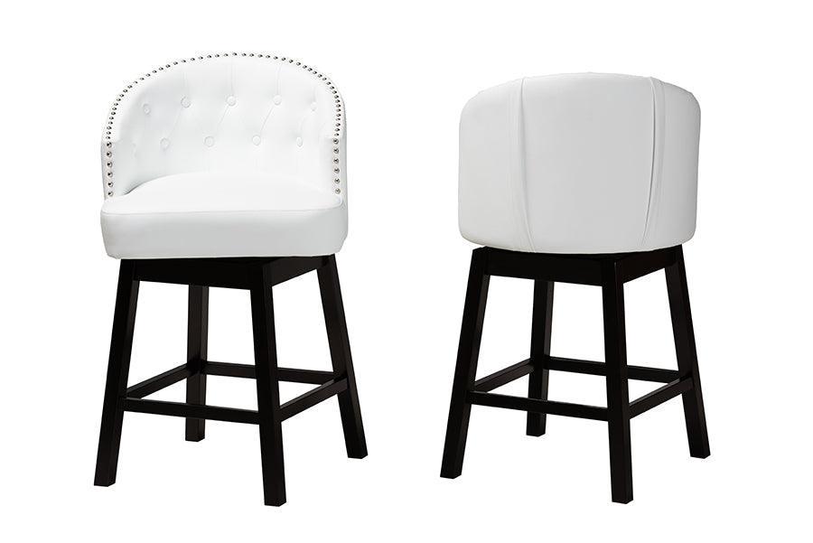 Theron Mid-Century Transitional White Faux Leather and Espresso Brown Finished Wood 2-Piece Swivel Counter Stool Set FredCo