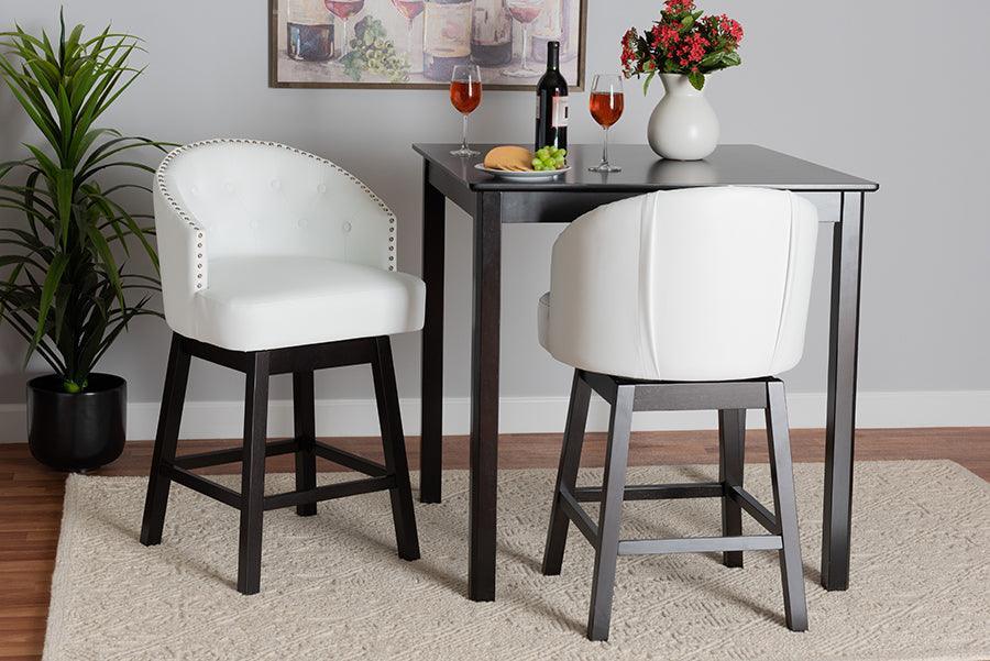 Theron Mid-Century Transitional White Faux Leather and Espresso Brown Finished Wood 2-Piece Swivel Counter Stool Set FredCo