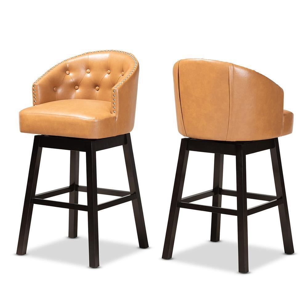 Theron Modern and Contemporary Transitional Tan Faux Leather Upholstered and Dark Brown Finished Wood 2-Piece Swivel Bar Stool Set FredCo