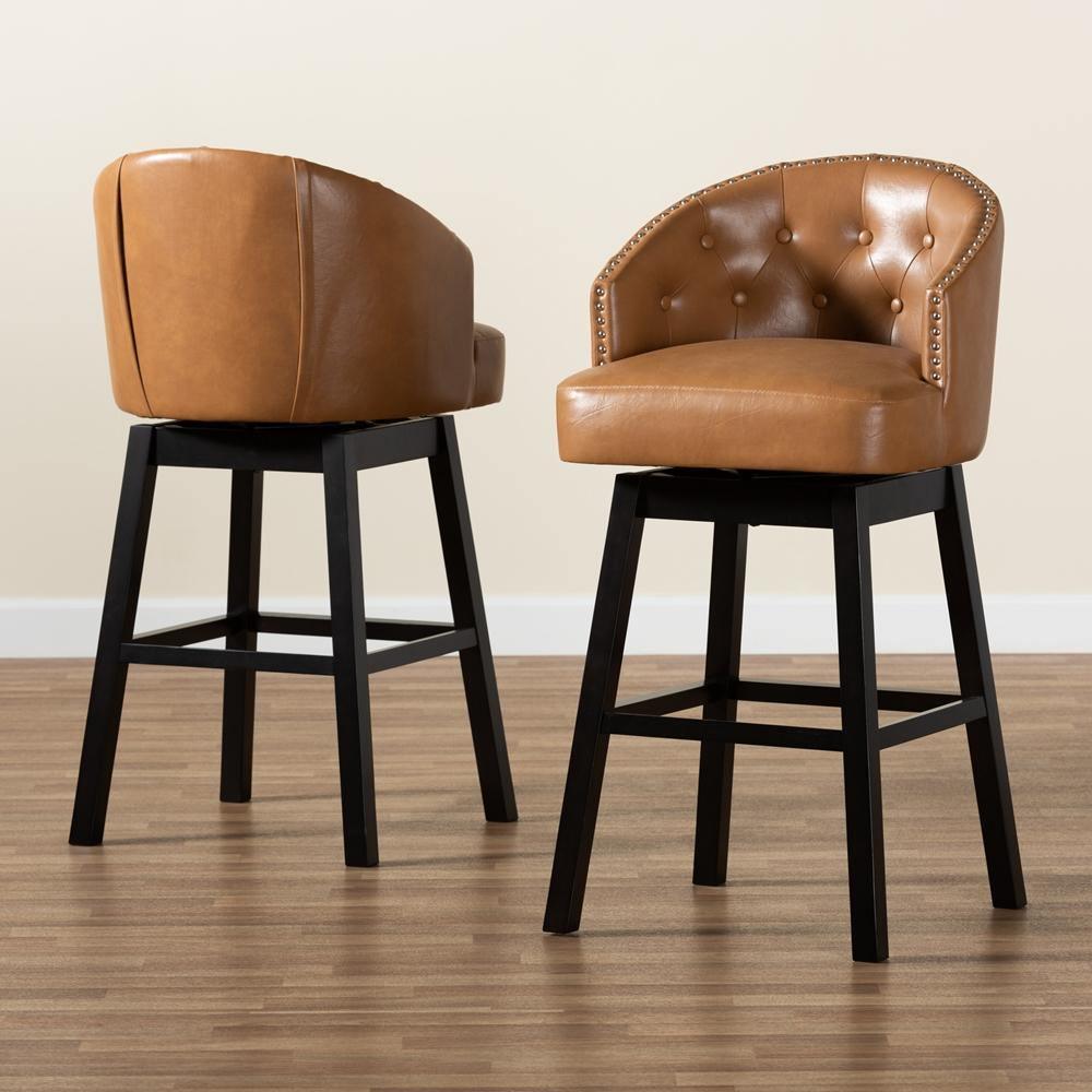 Theron Modern and Contemporary Transitional Tan Faux Leather Upholstered and Dark Brown Finished Wood 2-Piece Swivel Bar Stool Set FredCo