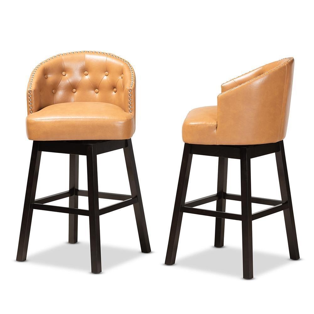 Theron Modern and Contemporary Transitional Tan Faux Leather Upholstered and Dark Brown Finished Wood 2-Piece Swivel Bar Stool Set FredCo