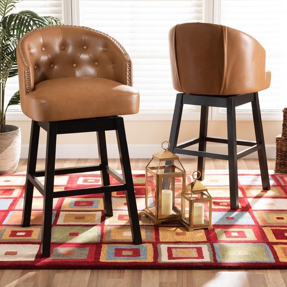 Theron Modern and Contemporary Transitional Tan Faux Leather Upholstered and Dark Brown Finished Wood 2-Piece Swivel Bar Stool Set FredCo