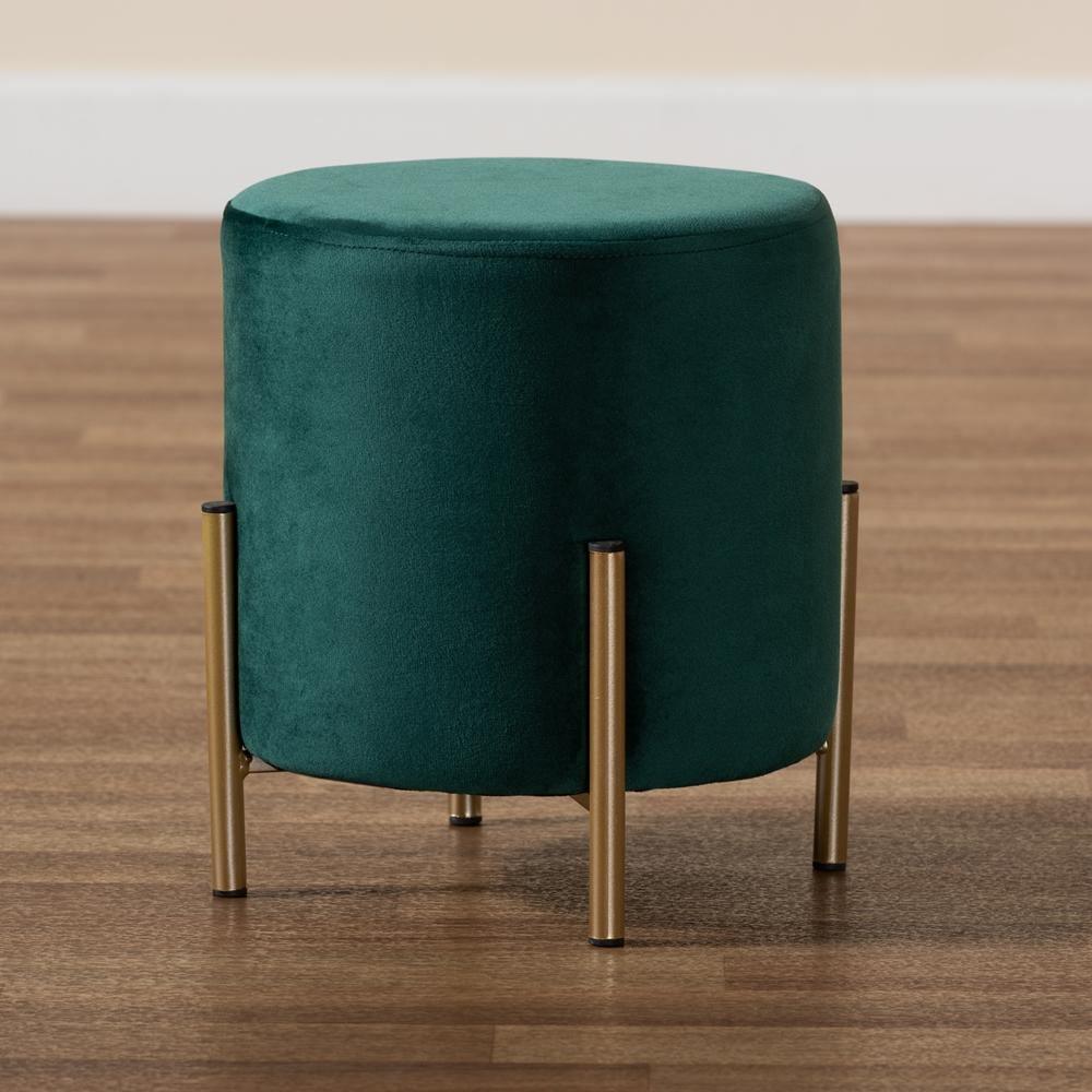 Thurman Contemporary Glam and Luxe Green Velvet Fabric Upholstered and Gold Finished Metal Ottoman FredCo