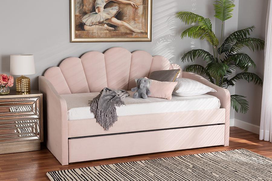 Timila Modern and Contemporary Light Pink Velvet Fabric Upholstered Full Size Daybed with Trundle FredCo