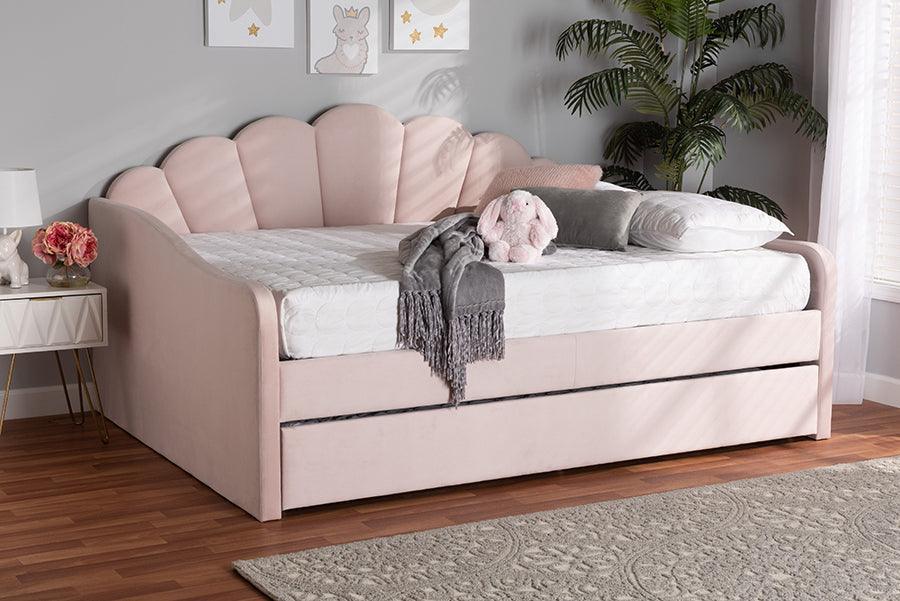 Timila Modern and Contemporary Light Pink Velvet Fabric Upholstered Queen Size Daybed with Trundle FredCo