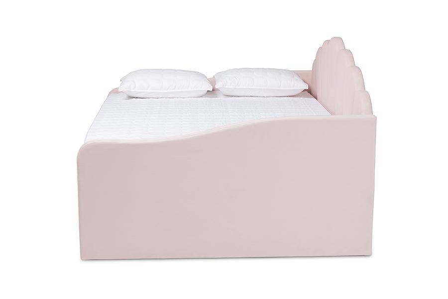 Timila Modern and Contemporary Light Pink Velvet Fabric Upholstered Queen Size Daybed with Trundle FredCo