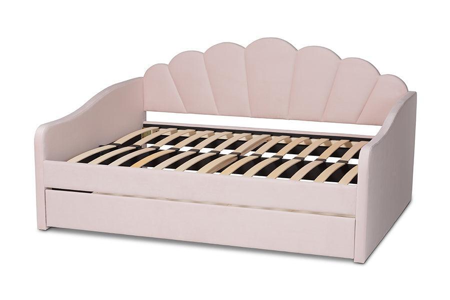 Timila Modern and Contemporary Light Pink Velvet Fabric Upholstered Queen Size Daybed with Trundle FredCo