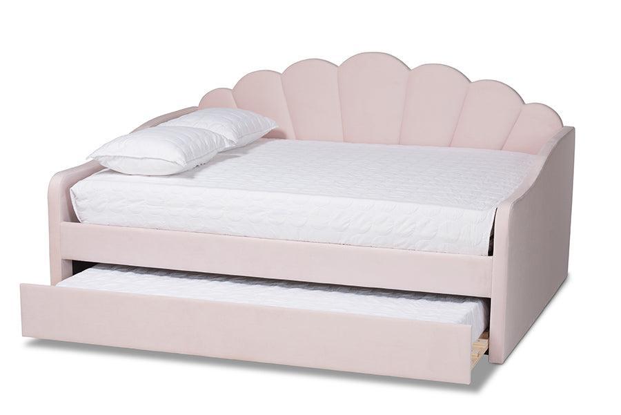 Timila Modern and Contemporary Light Pink Velvet Fabric Upholstered Queen Size Daybed with Trundle FredCo