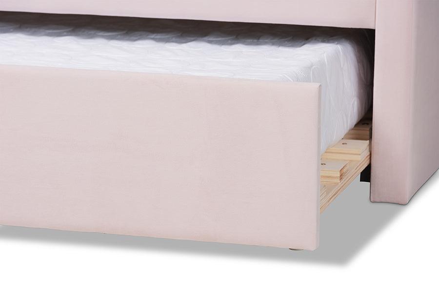 Timila Modern and Contemporary Light Pink Velvet Fabric Upholstered Queen Size Daybed with Trundle FredCo