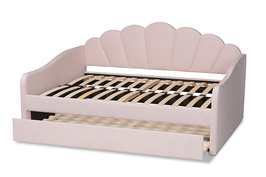 Timila Modern and Contemporary Light Pink Velvet Fabric Upholstered Queen Size Daybed with Trundle FredCo