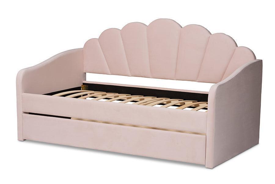 Timila Modern and Contemporary Light Pink Velvet Fabric Upholstered Twin Size Daybed with Trundle FredCo