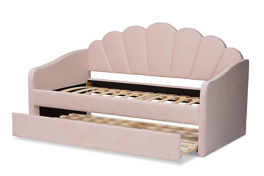 Timila Modern and Contemporary Light Pink Velvet Fabric Upholstered Twin Size Daybed with Trundle FredCo