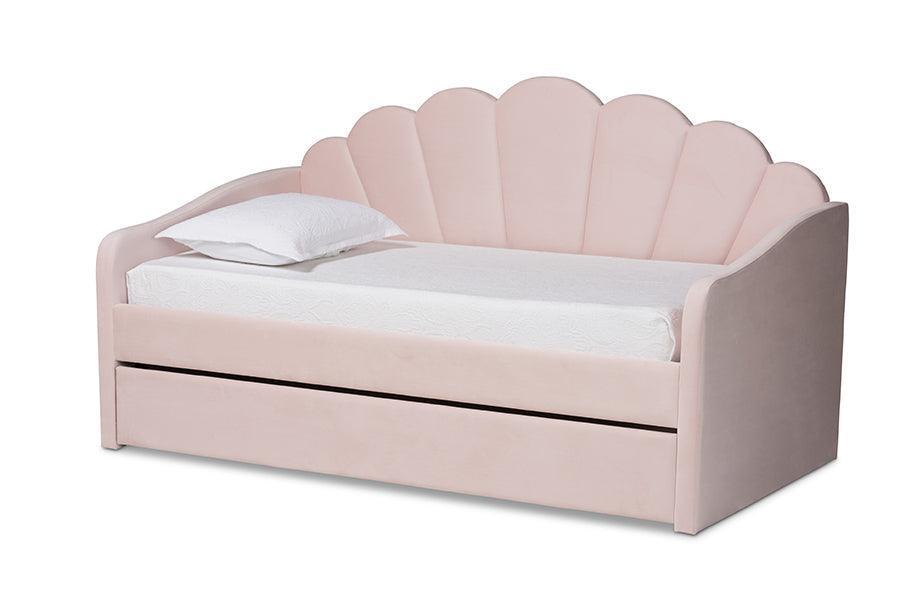 Timila Modern and Contemporary Light Pink Velvet Fabric Upholstered Twin Size Daybed with Trundle FredCo