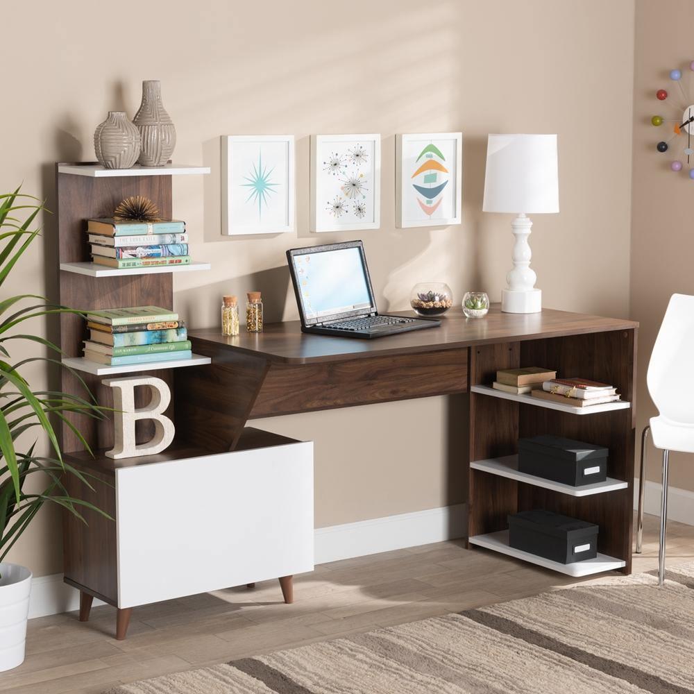 Tobias Mid-Century Modern Two-Tone White and Walnut Brown Finished Wood Storage Computer Desk with Shelves FredCo