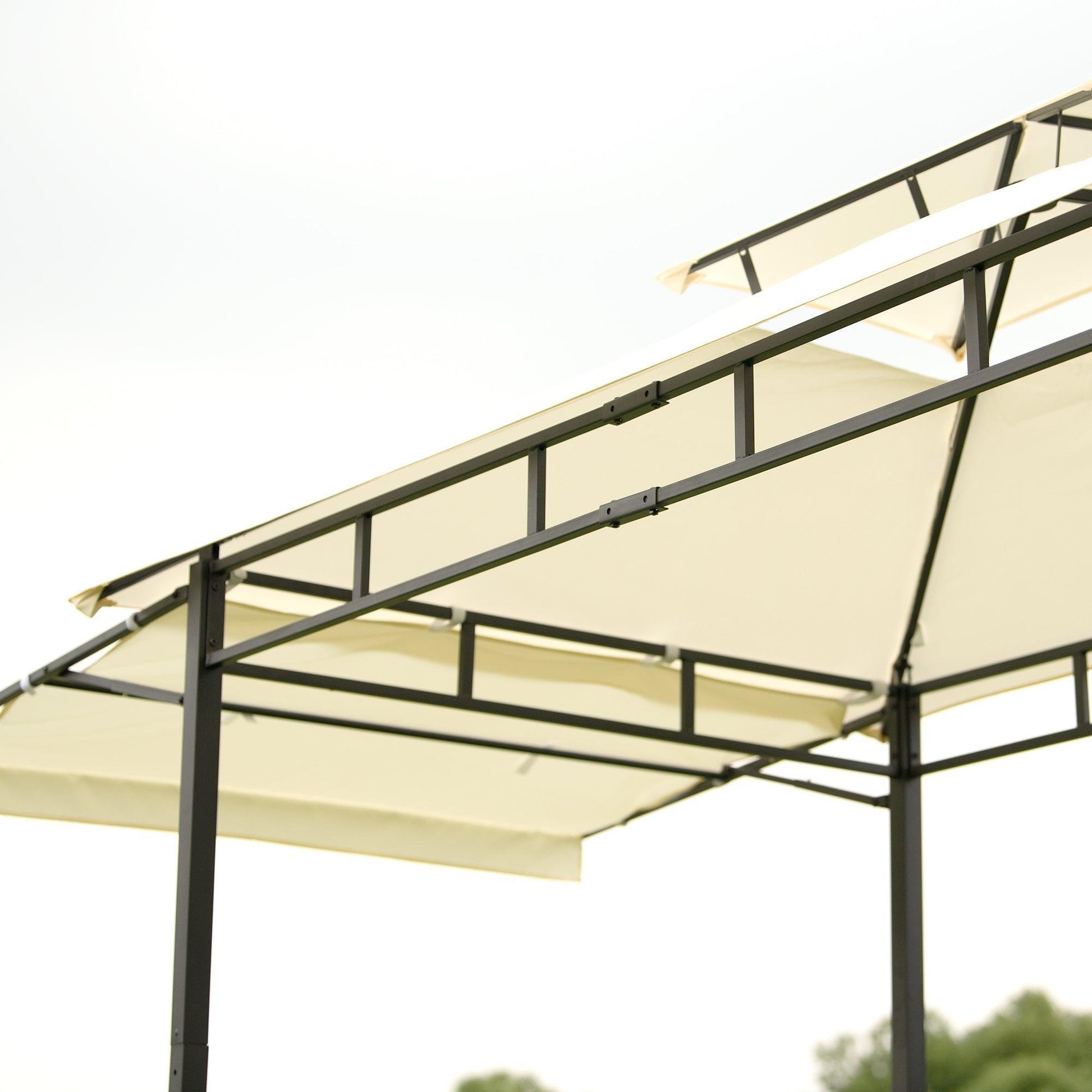 TOPMAX 12Ft.Lx4.3Ft.W Iron Double Tiered Backyard Patio BBQ Grill Gazebo with Bar Counters, Beige FredCo