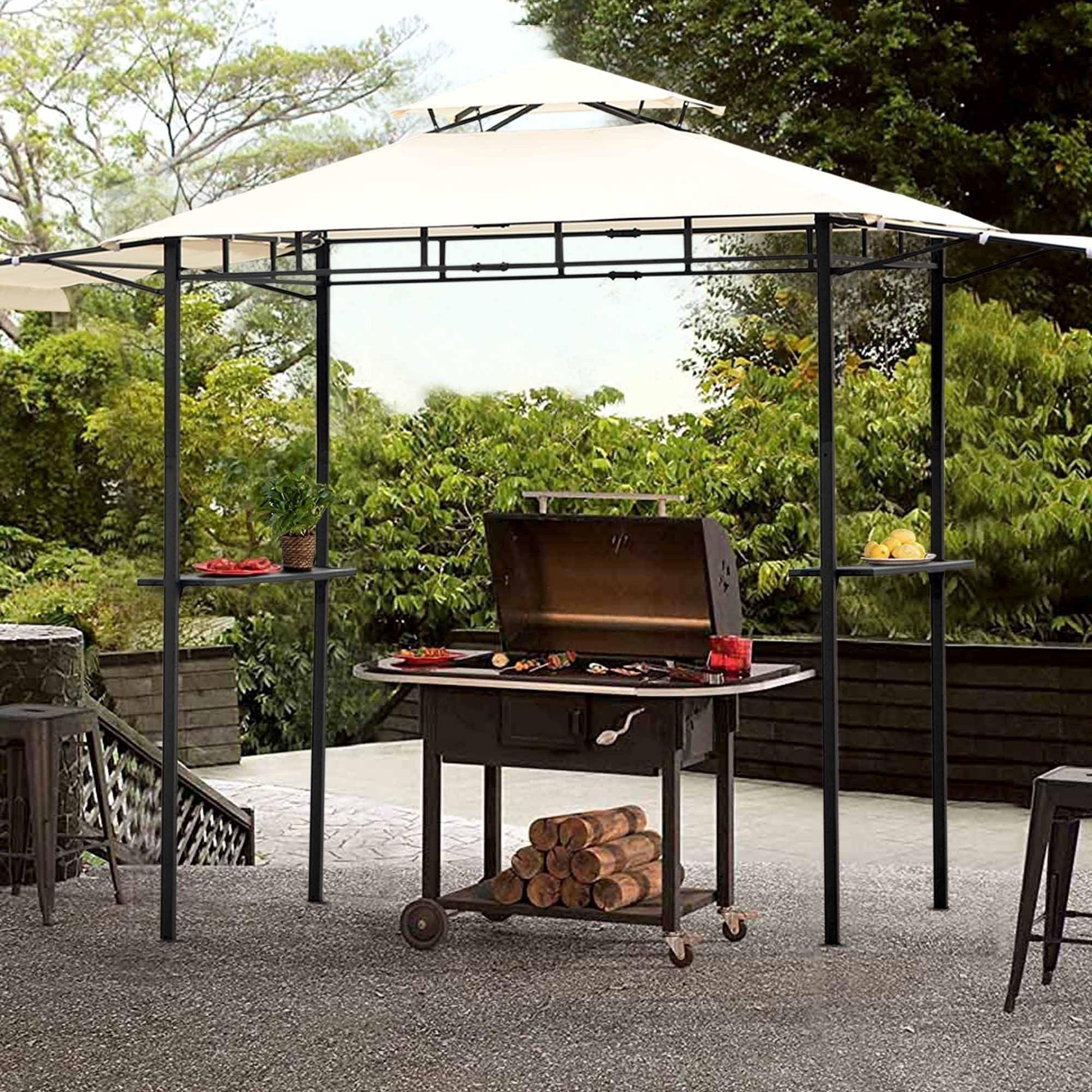 TOPMAX 12Ft.Lx4.3Ft.W Iron Double Tiered Backyard Patio BBQ Grill Gazebo with Bar Counters, Beige FredCo