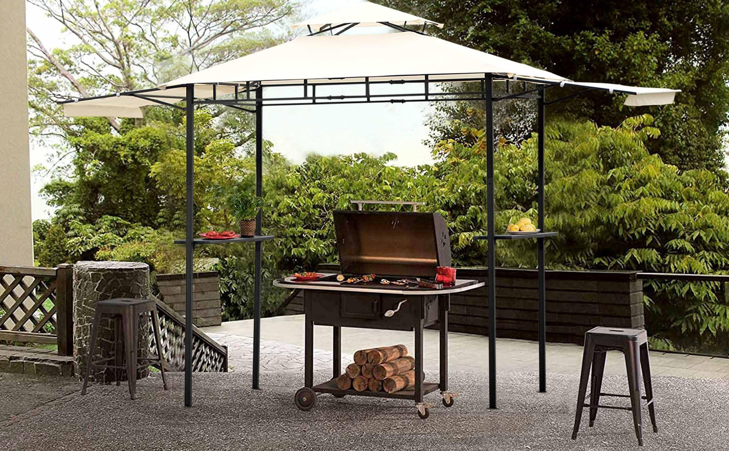 TOPMAX 12Ft.Lx4.3Ft.W Iron Double Tiered Backyard Patio BBQ Grill Gazebo with Bar Counters, Beige FredCo