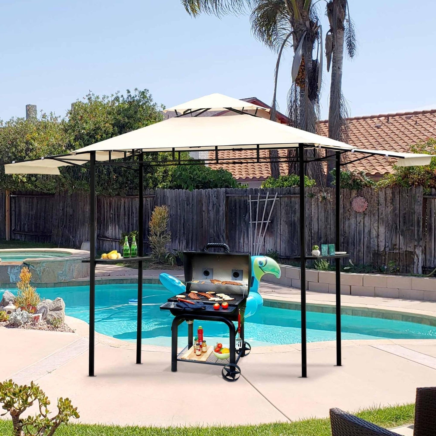 TOPMAX 12Ft.Lx4.3Ft.W Iron Double Tiered Backyard Patio BBQ Grill Gazebo with Bar Counters, Beige FredCo