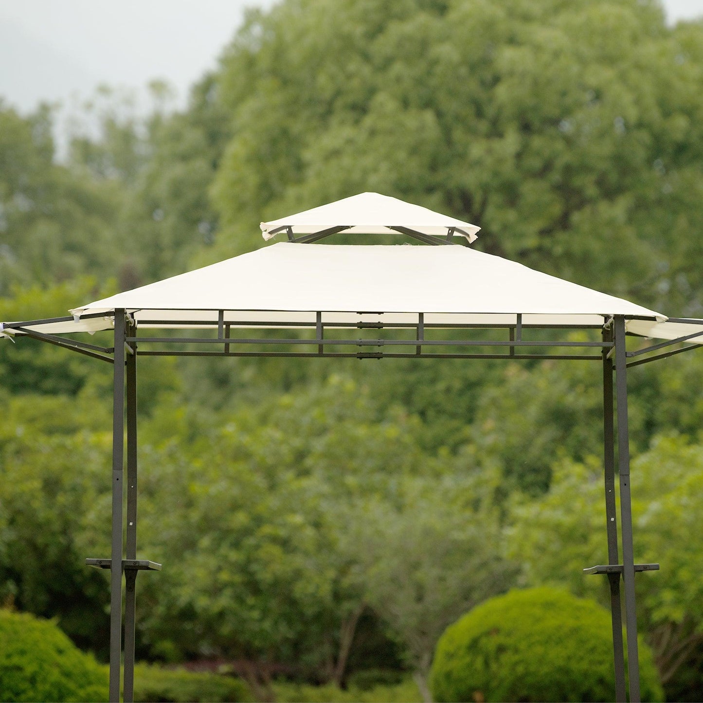 TOPMAX 12Ft.Lx4.3Ft.W Iron Double Tiered Backyard Patio BBQ Grill Gazebo with Bar Counters, Beige FredCo