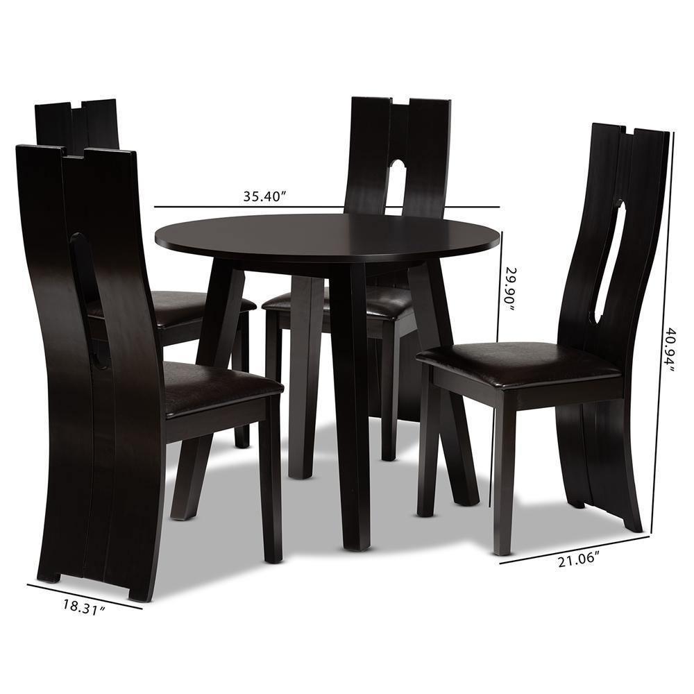 Torin Modern and Contemporary Dark Brown Faux Leather Upholstered and Dark Brown Finished Wood 5-Piece Dining Set FredCo