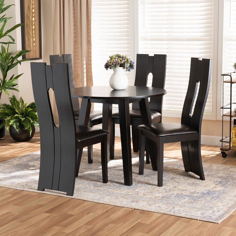 Torin Modern and Contemporary Dark Brown Faux Leather Upholstered and Dark Brown Finished Wood 5-Piece Dining Set FredCo
