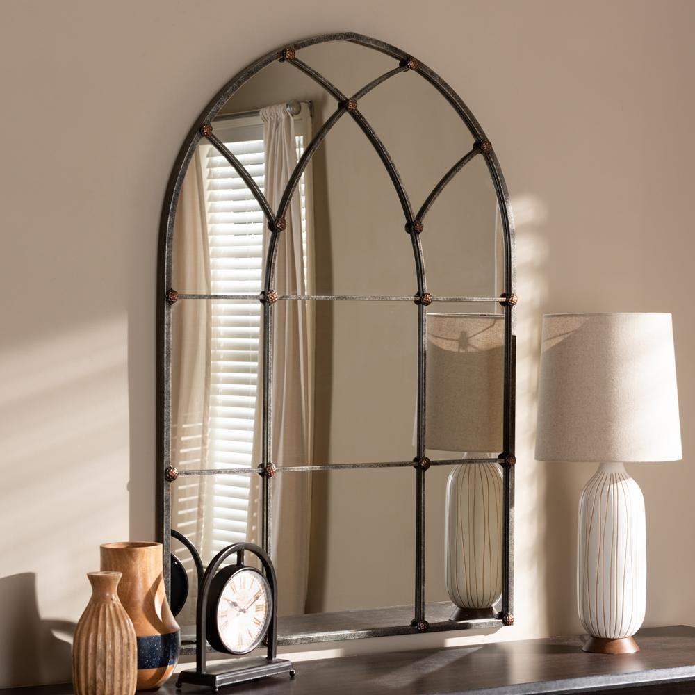 Tova Vintage Farmhouse Antique Silver Finished Arched Window Accent Wall Mirror FredCo