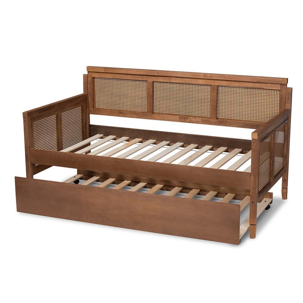Toveli Vintage French Inspired Ash Wanut Finished Wood and Synthetic Rattan Daybed with Trundle FredCo