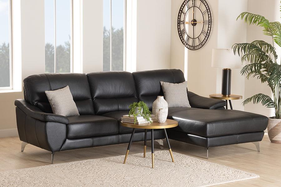 Townsend Modern Black Full Leather Sectional Sofa with Right Facing Chaise FredCo