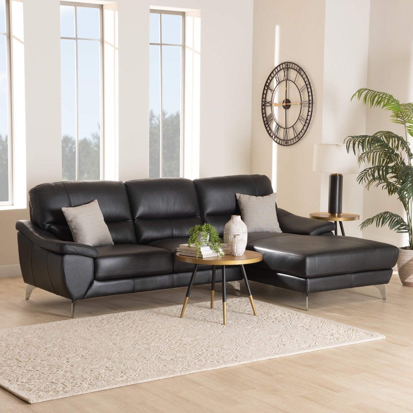Townsend Modern Black Full Leather Sectional Sofa with Right Facing Chaise FredCo