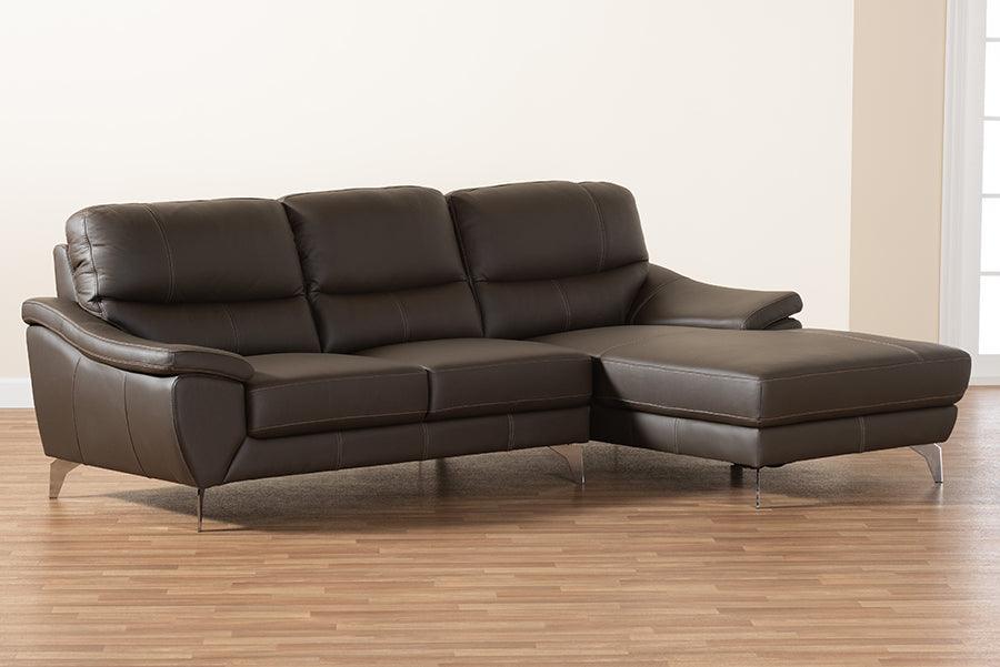 Townsend Modern Brown Full Leather Sectional Sofa with Right Facing Chaise FredCo