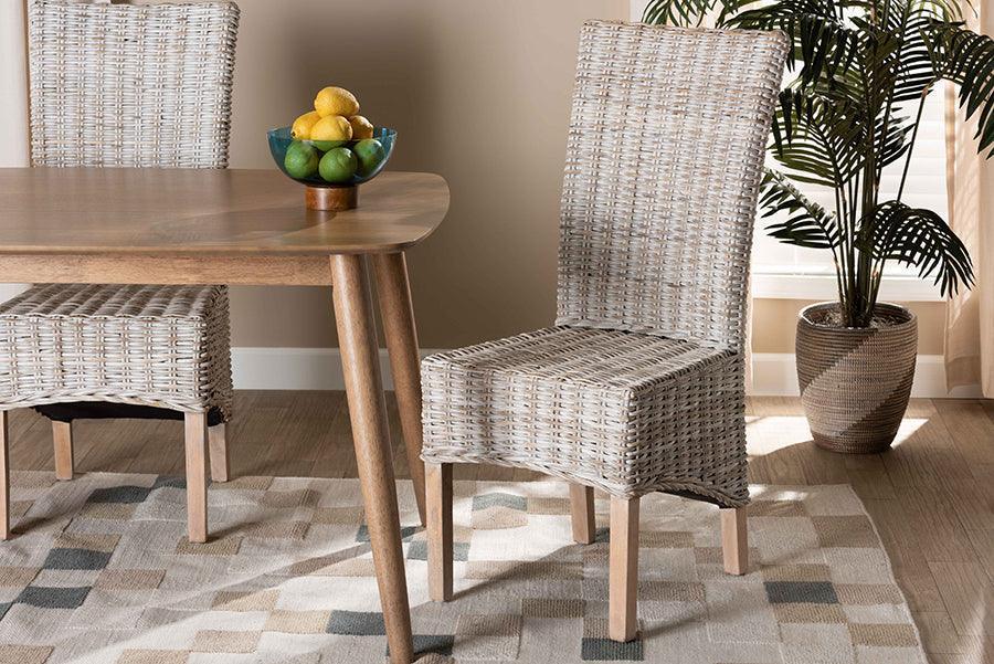 Trianna Rustic Transitional Whitewashed Rattan and Natural Brown Finished Wood Dining Chair FredCo
