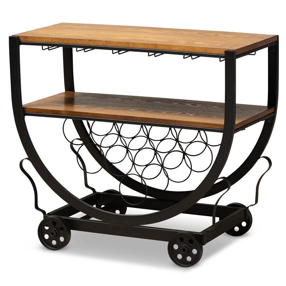 Triesta Antiqued Vintage Industrial Metal And Wood Wheeled Wine Rack Cart FredCo