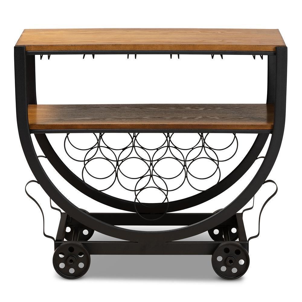 Triesta Antiqued Vintage Industrial Metal And Wood Wheeled Wine Rack Cart FredCo